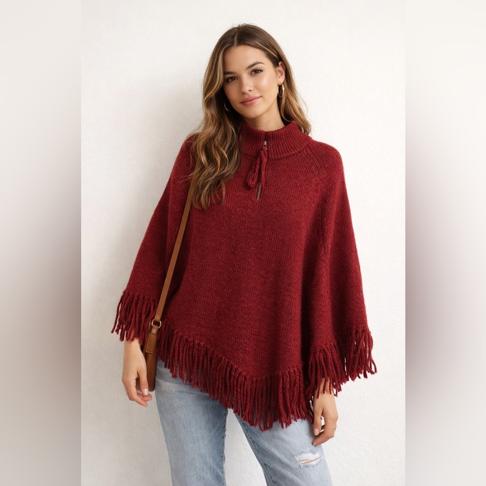 Westbound Wool Blend Knit Poncho Cape Size L Burgundy Red Quarter Zip Mock Neck